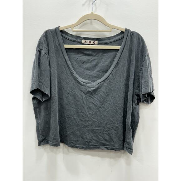 AMO Womens Cropped Top Deep V-Neck Short Sleeve Pullover Cotton Gray Size M - Picture 1 of 9